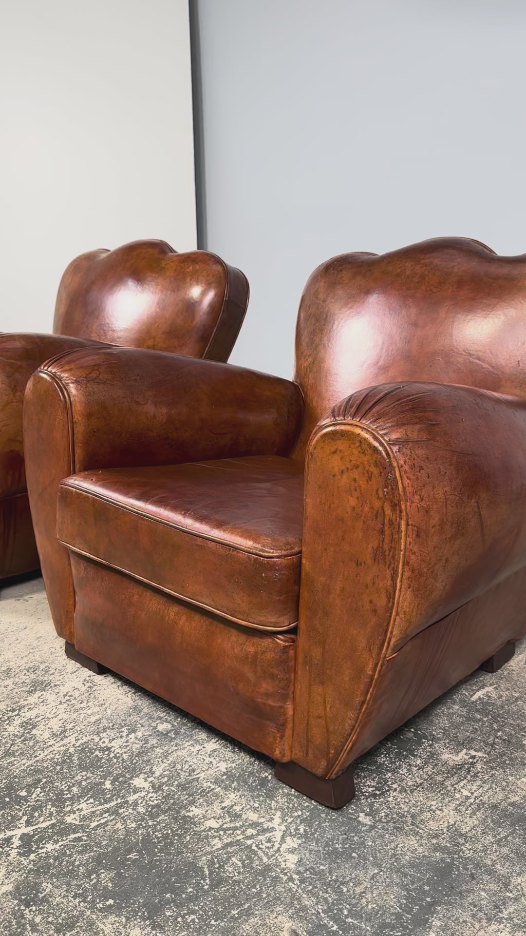 1930s French Art Deco Scalloped Back Cognac Leather Club Chairs, Pair