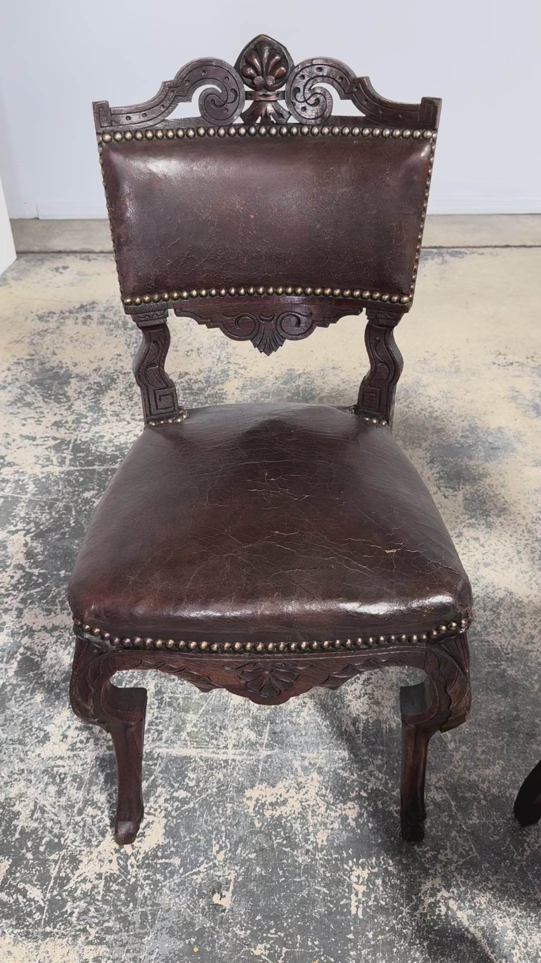 Antique French Louis XV Style Oak Dining Chairs W/ Brown Leather - Set of 8