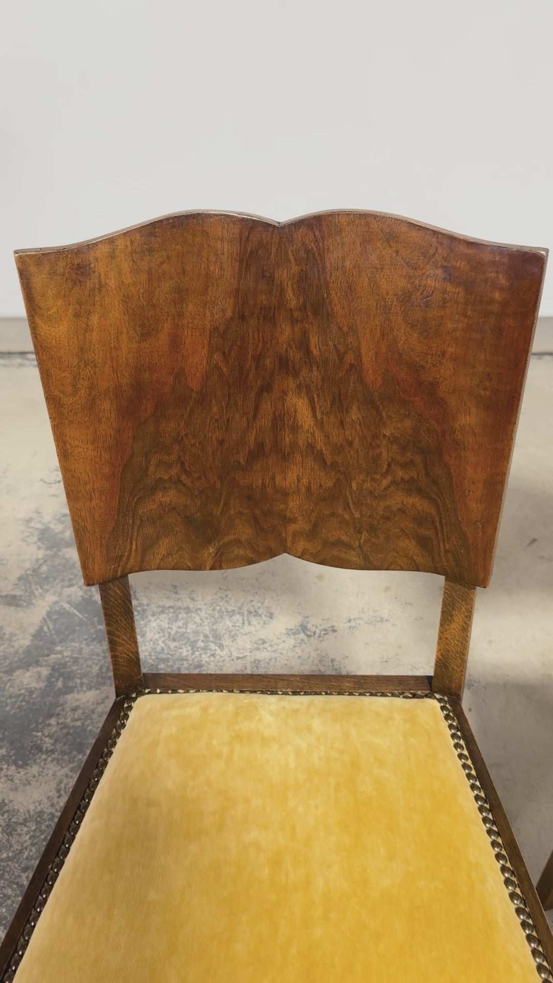 Pair of 1930s French Art Deco Mustache-Back Oak and Walnut Side Accent Chairs
