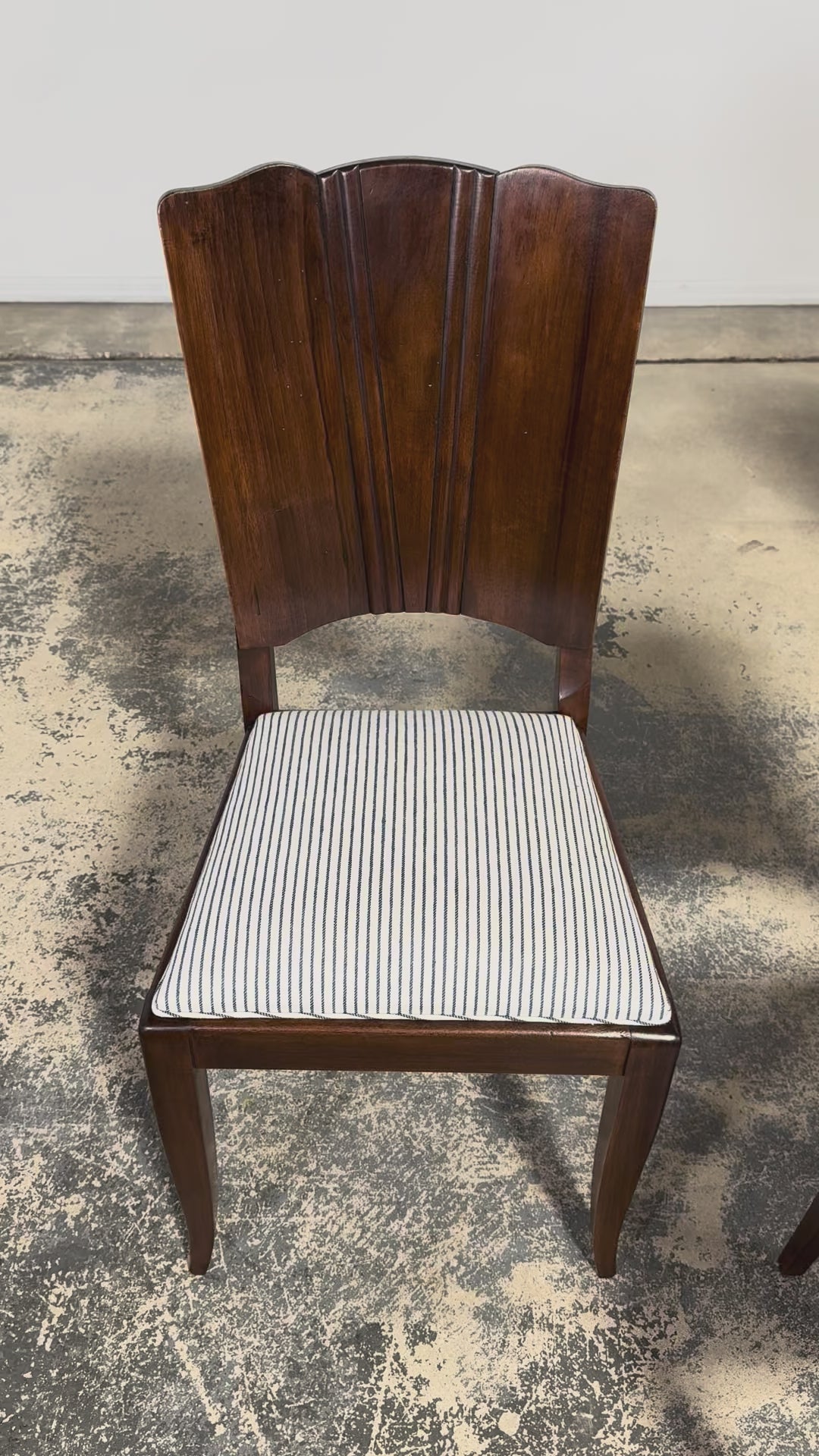 1920s French Art Deco Walnut Dining Chairs W/ Striped Linen - Set of 6