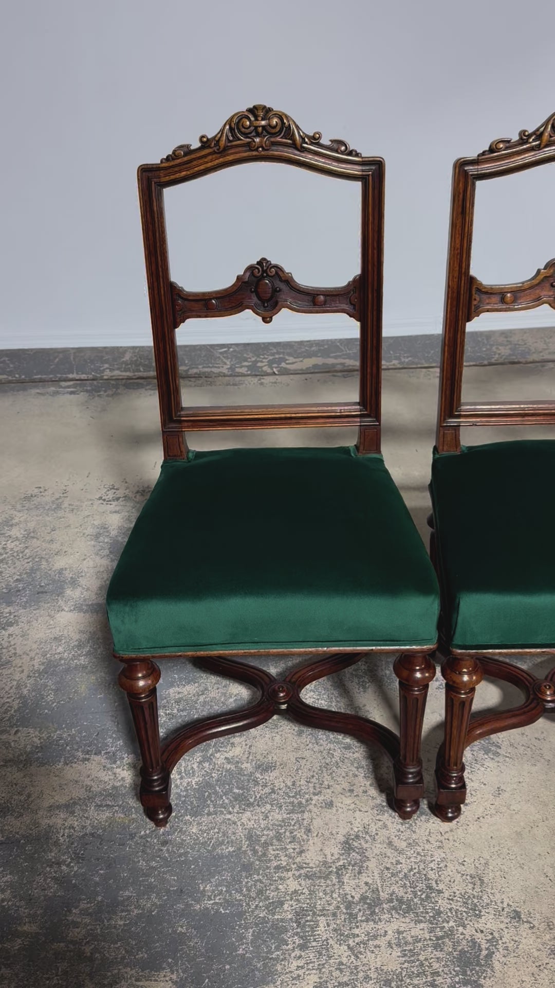 Antique French Napoleon III Style Oak Dining Chairs W/ Dark Green Velvet - Set of 6