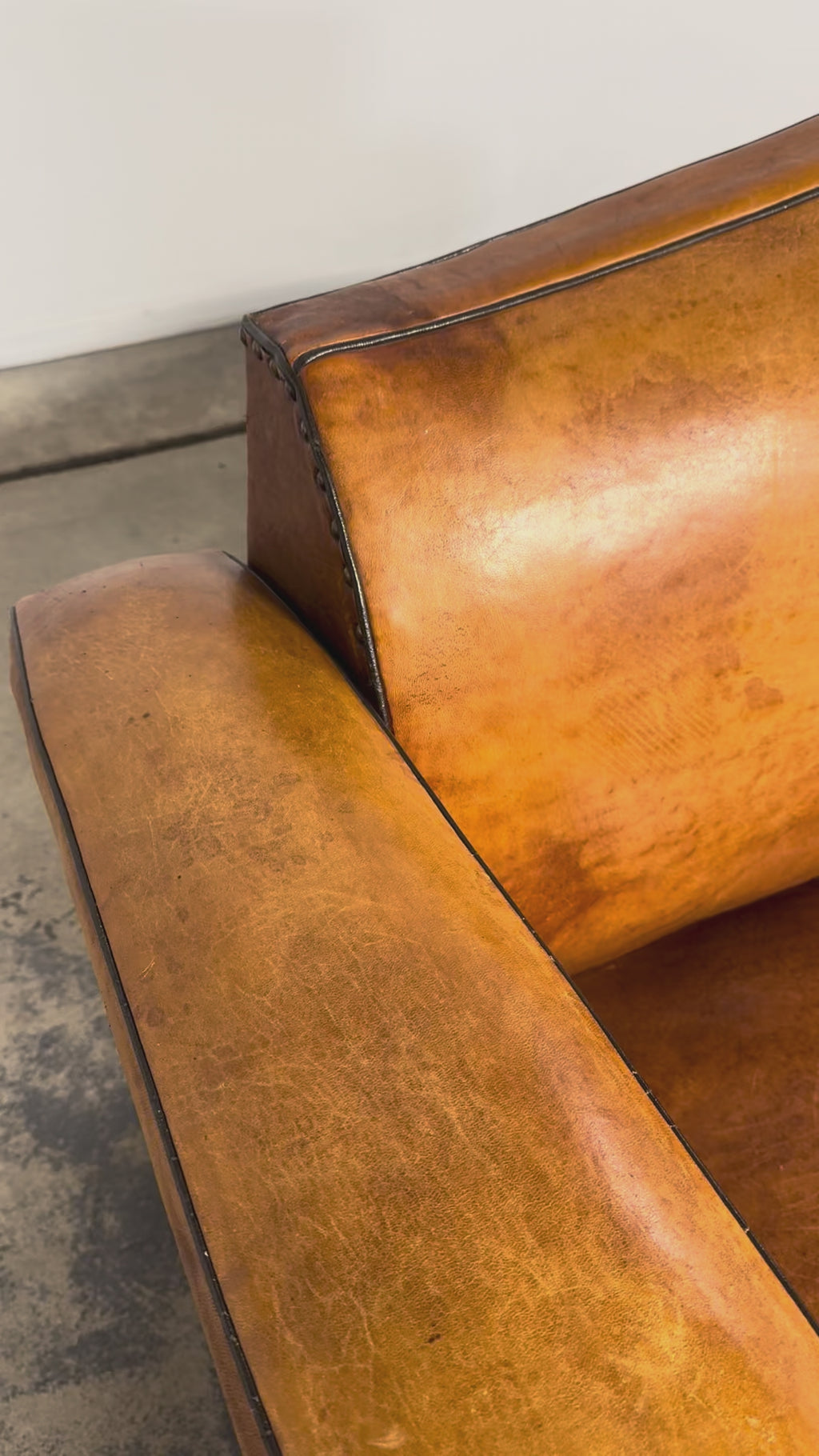 1920s French Art Deco Cognac Leather Club Sofa