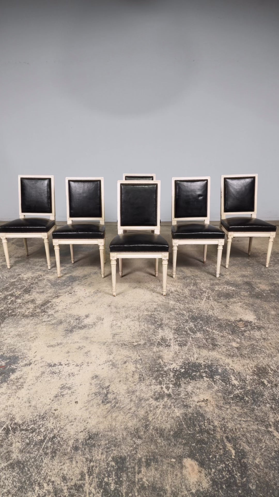 Antique Set of 6 French Louis XVI Style Painted Dining Chairs in Dark Blue-Black Leather