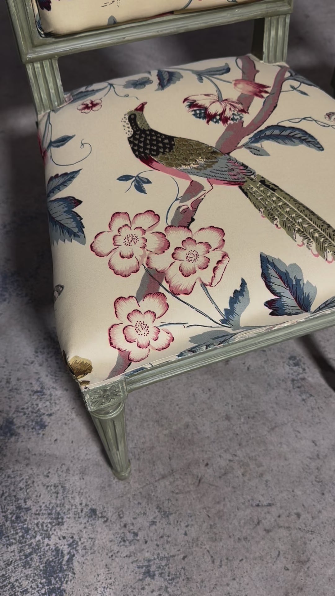 Antique French Louis XVI Style Painted Square Back Side Chairs in Chinoiserie Fabric - A Pair
