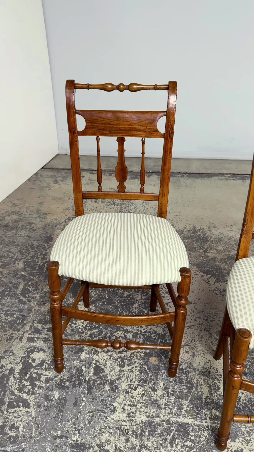 Set of 10 Late 19th Century French Provincial Walnut Dining Chairs in Green Ticking Stripe