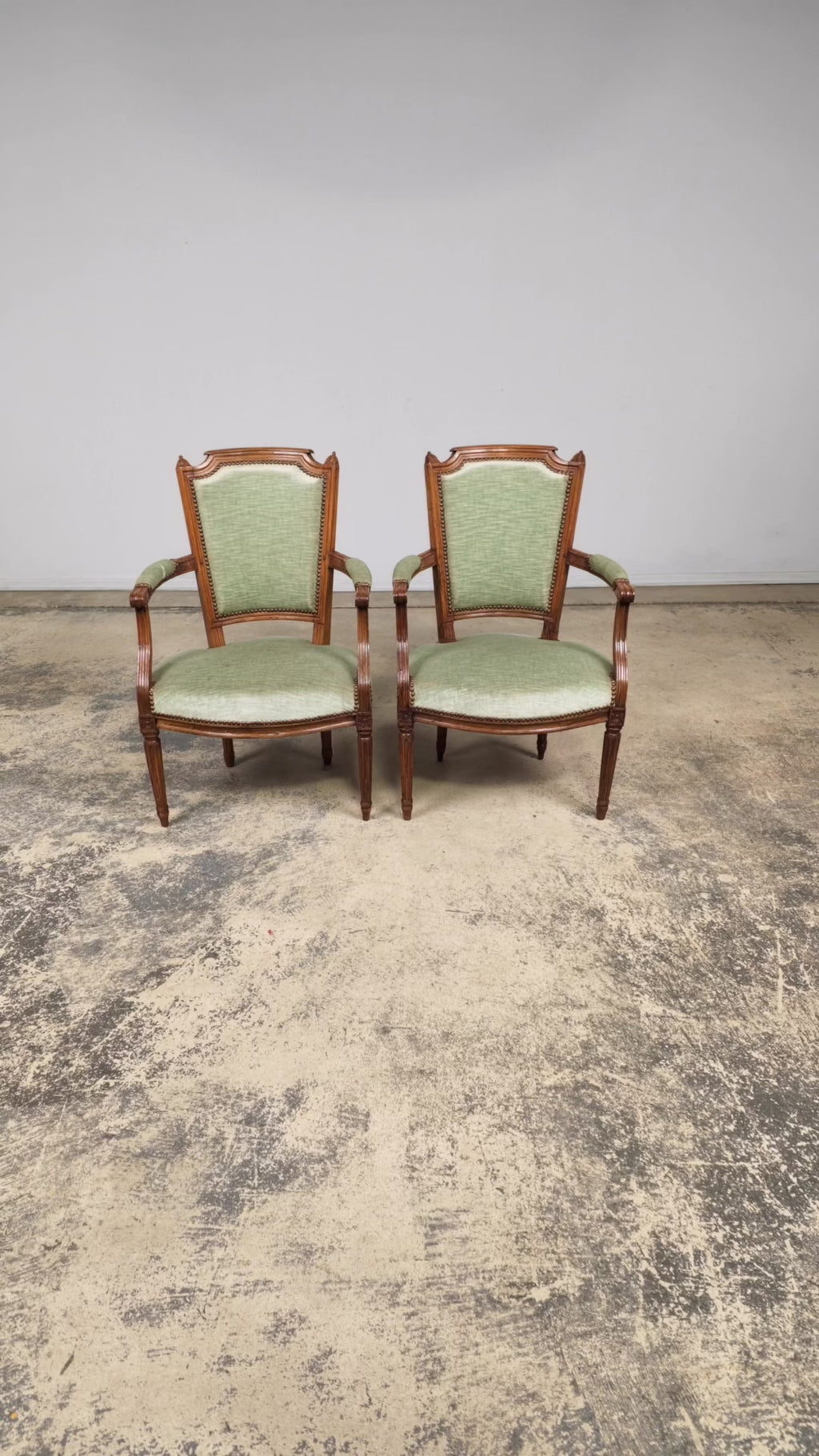 18th Century French Louis XVI Walnut Armchairs with Celadon Velvet - Pair