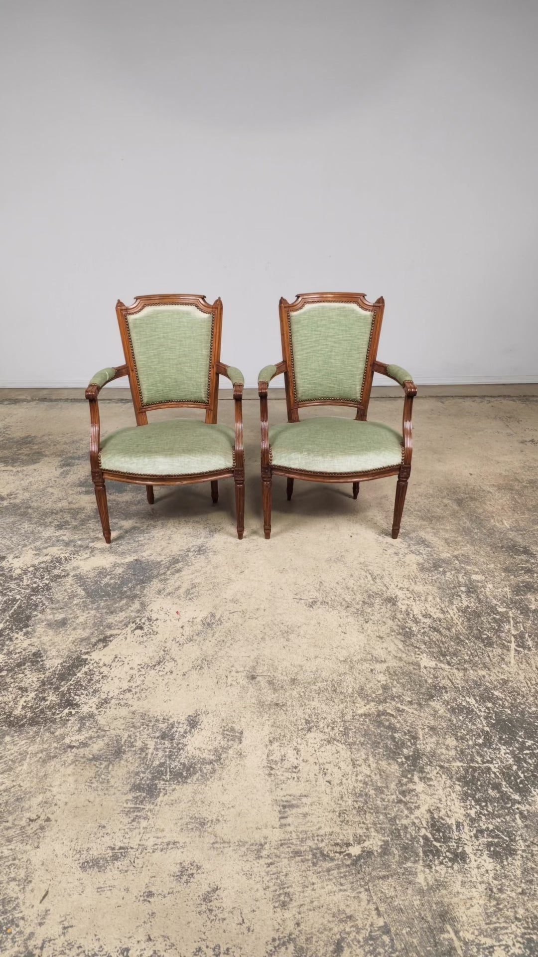 18th Century French Louis XVI Walnut Armchairs with Celadon Velvet - Pair