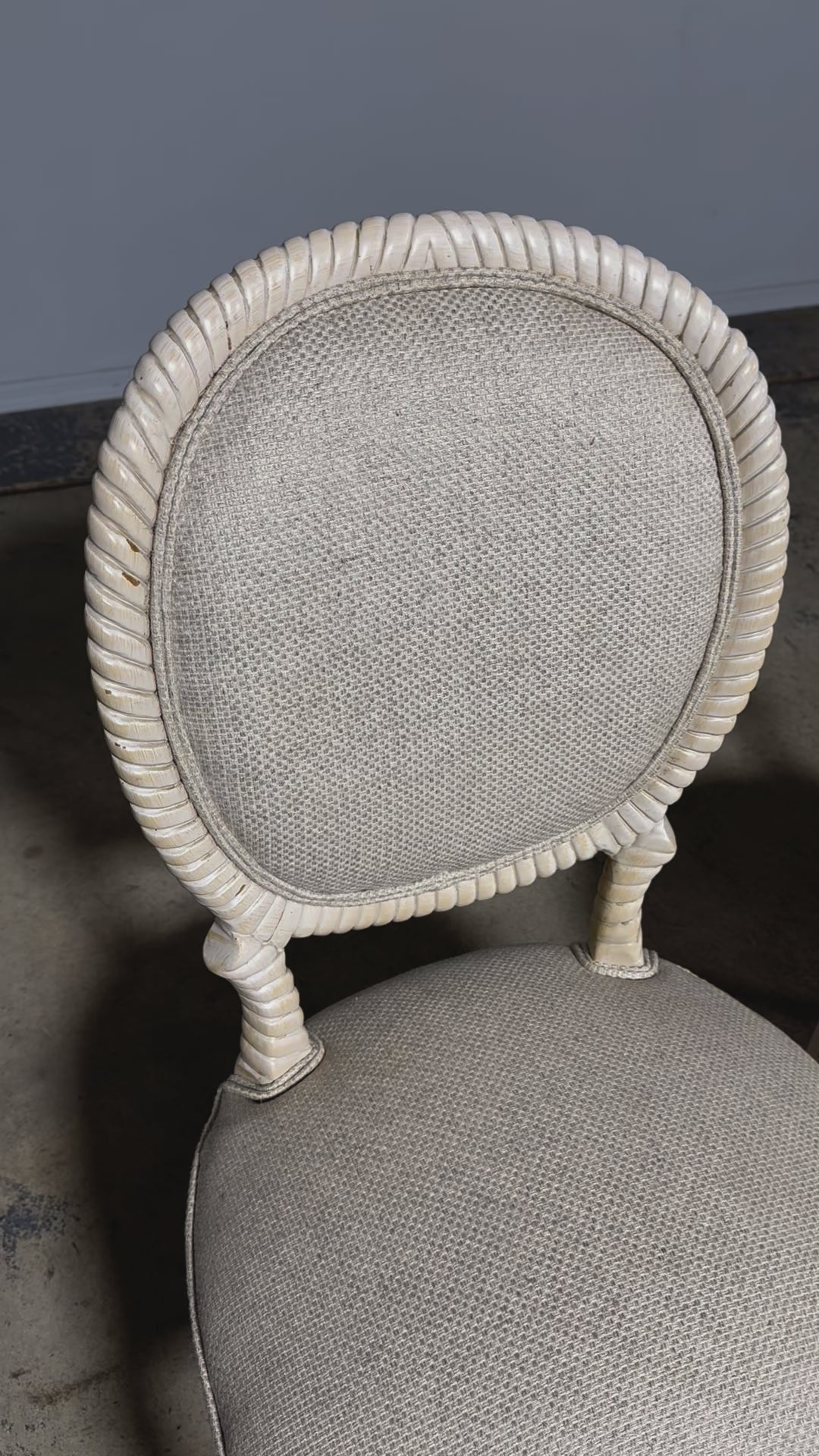 Napoleon III Style Faux Rope Painted Side Chairs in Cream Fabric - A Pair