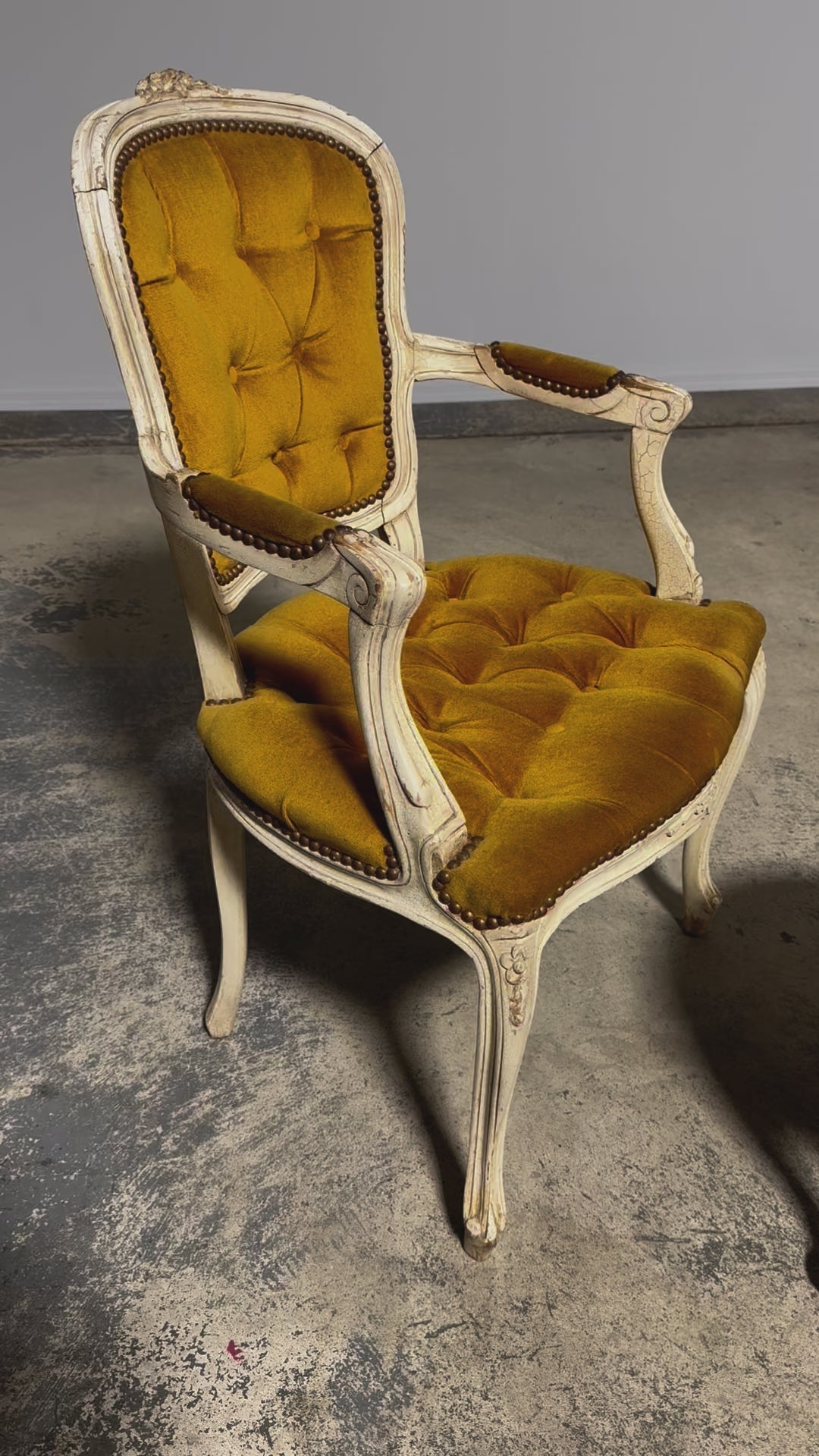 Antique French Louis XV Style Provincial Painted Armchair and Taboret W/ Golden Yellow Buttoned Velvet - A Pair
