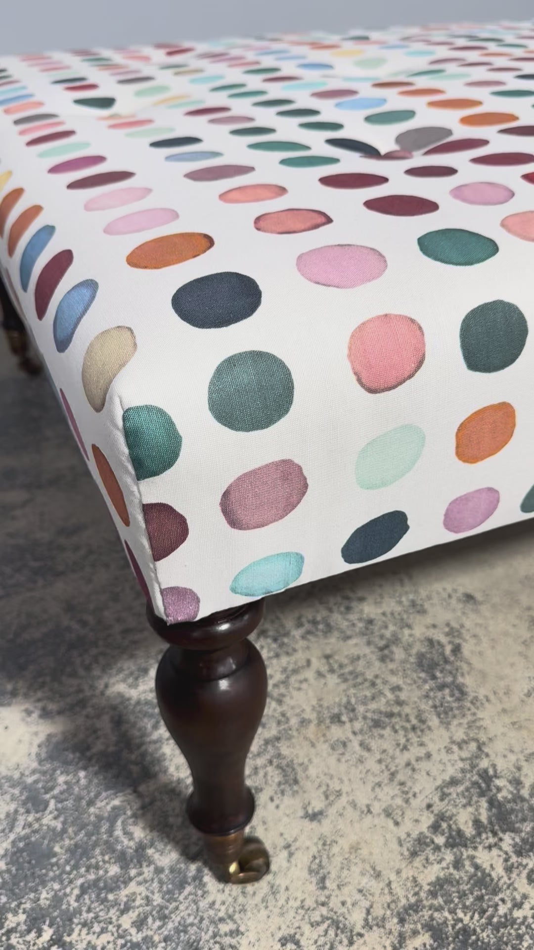 Vintage French Tufted Ottoman in Multicolor Linen Upholstery