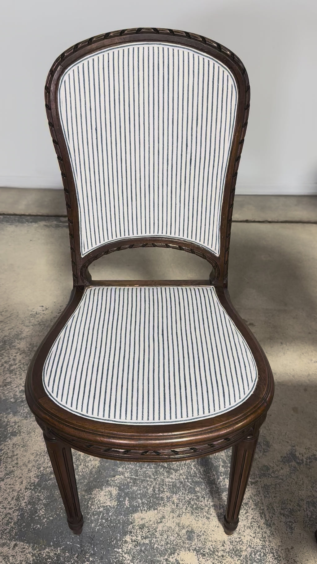 French Louis XVI Style Walnut Dining Chairs, Blue Striped Linen Upholstery – Set of 6