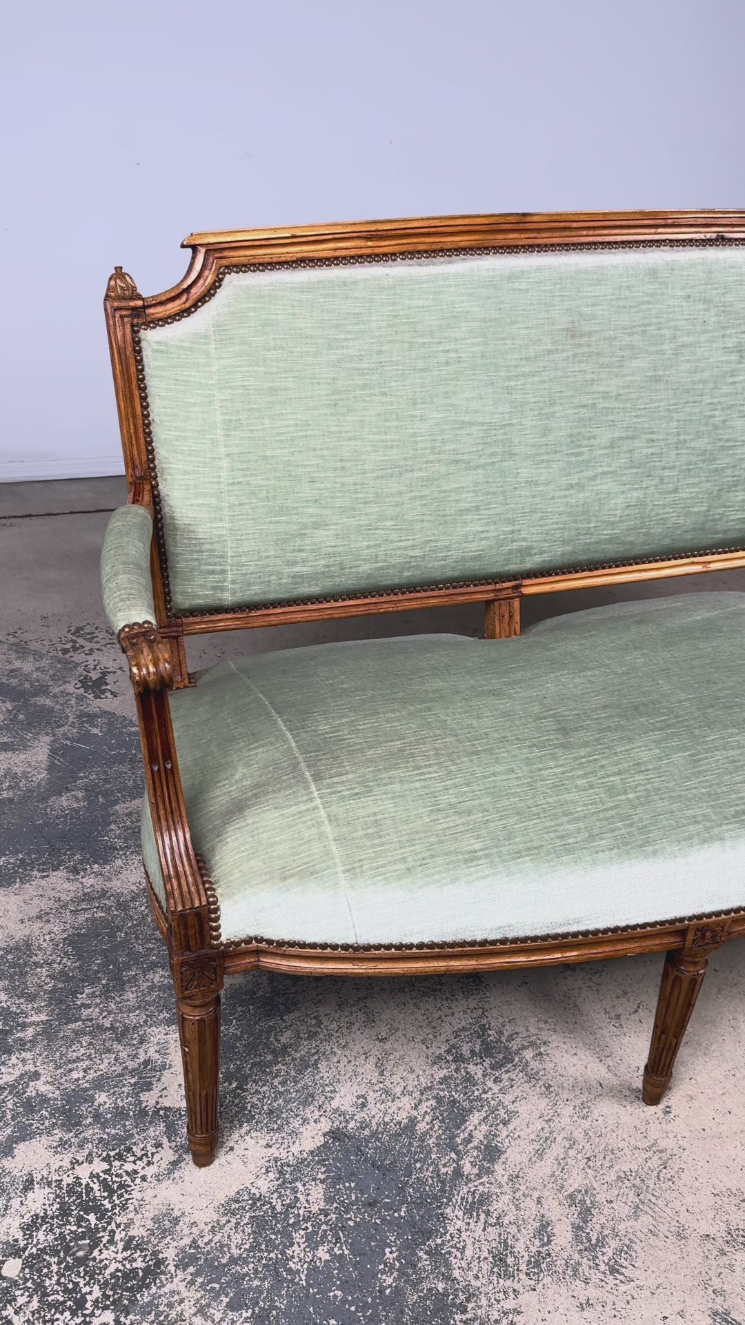 18th Century French Louis XVI Walnut Settee with Celadon Velvet