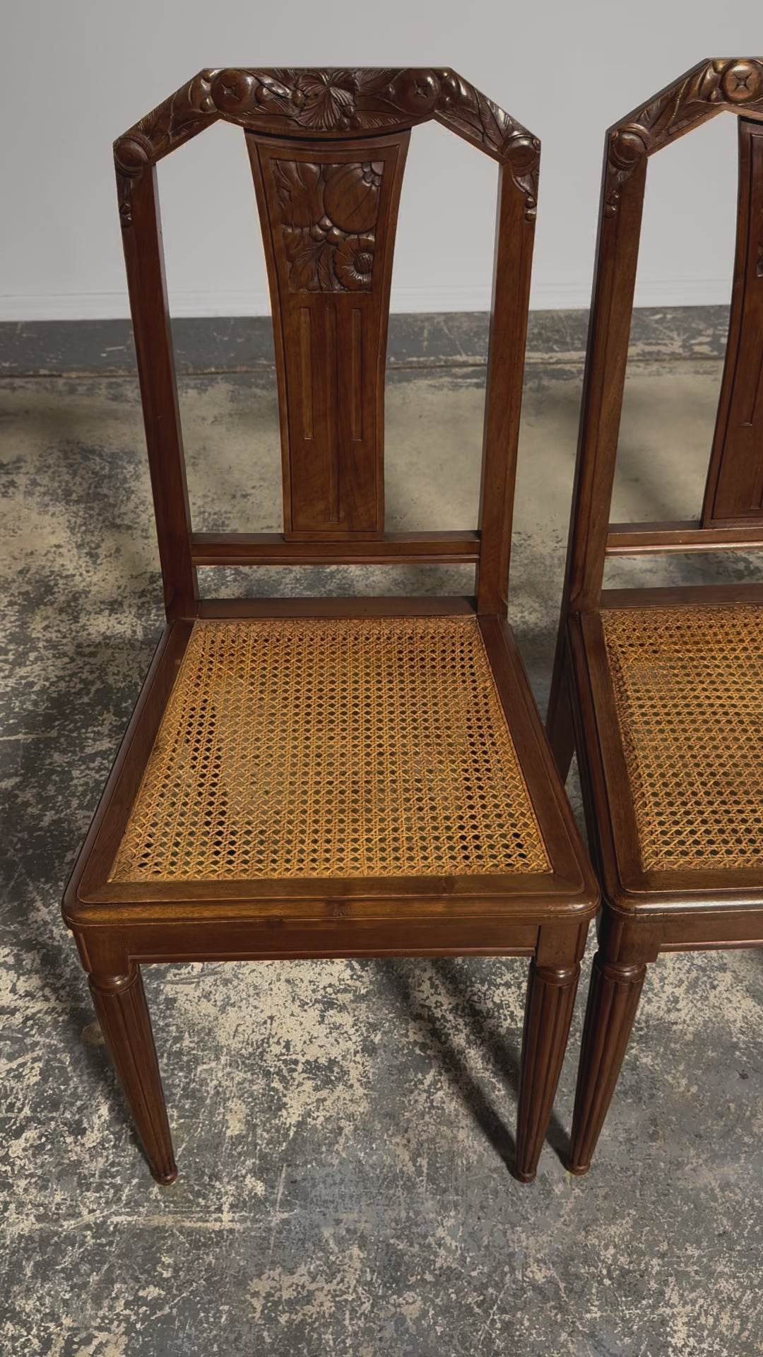 1930s French Art Deco Walnut Dining Chairs W/ Cane Seats - Set of 8