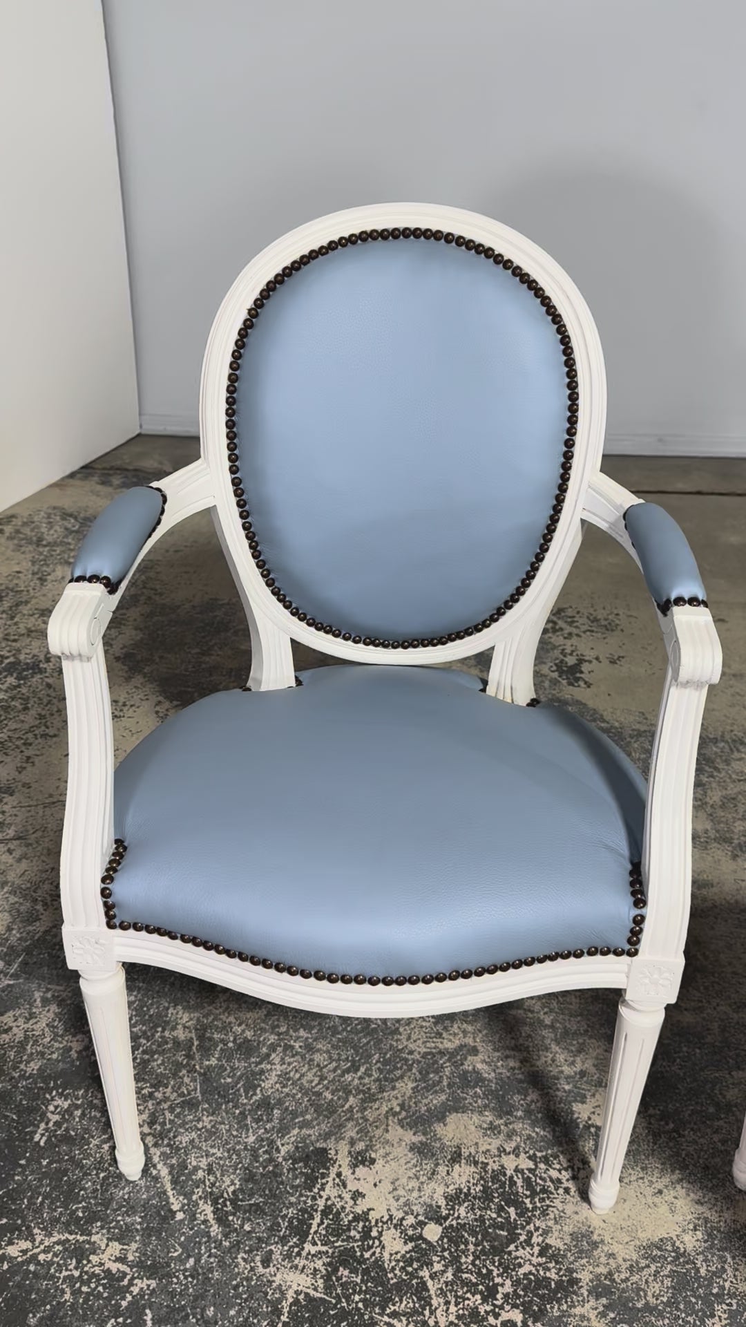 Antique French Louis XVI Style Painted Dining Chairs in Sky Blue Leather - Set of 6
