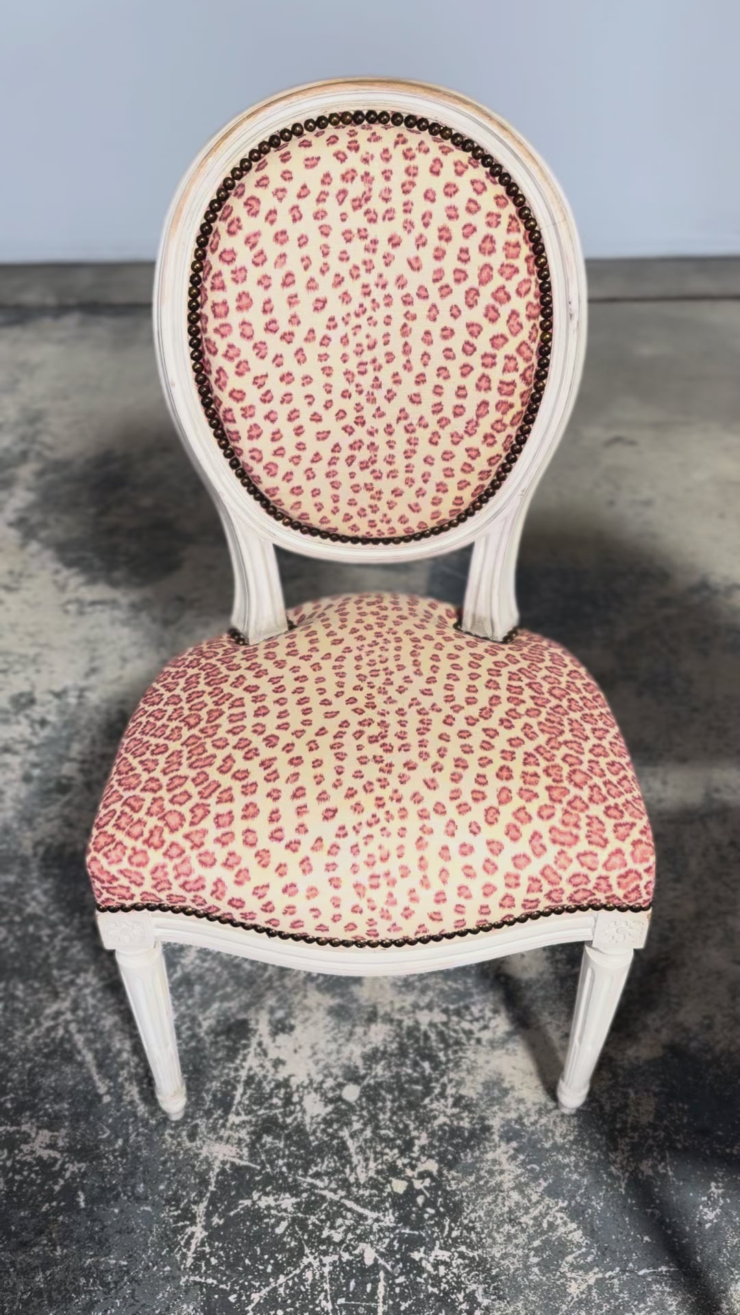 Antique French Louis XVI Style Painted Dining Chairs W/ Leopard Jacquard - Set of 6