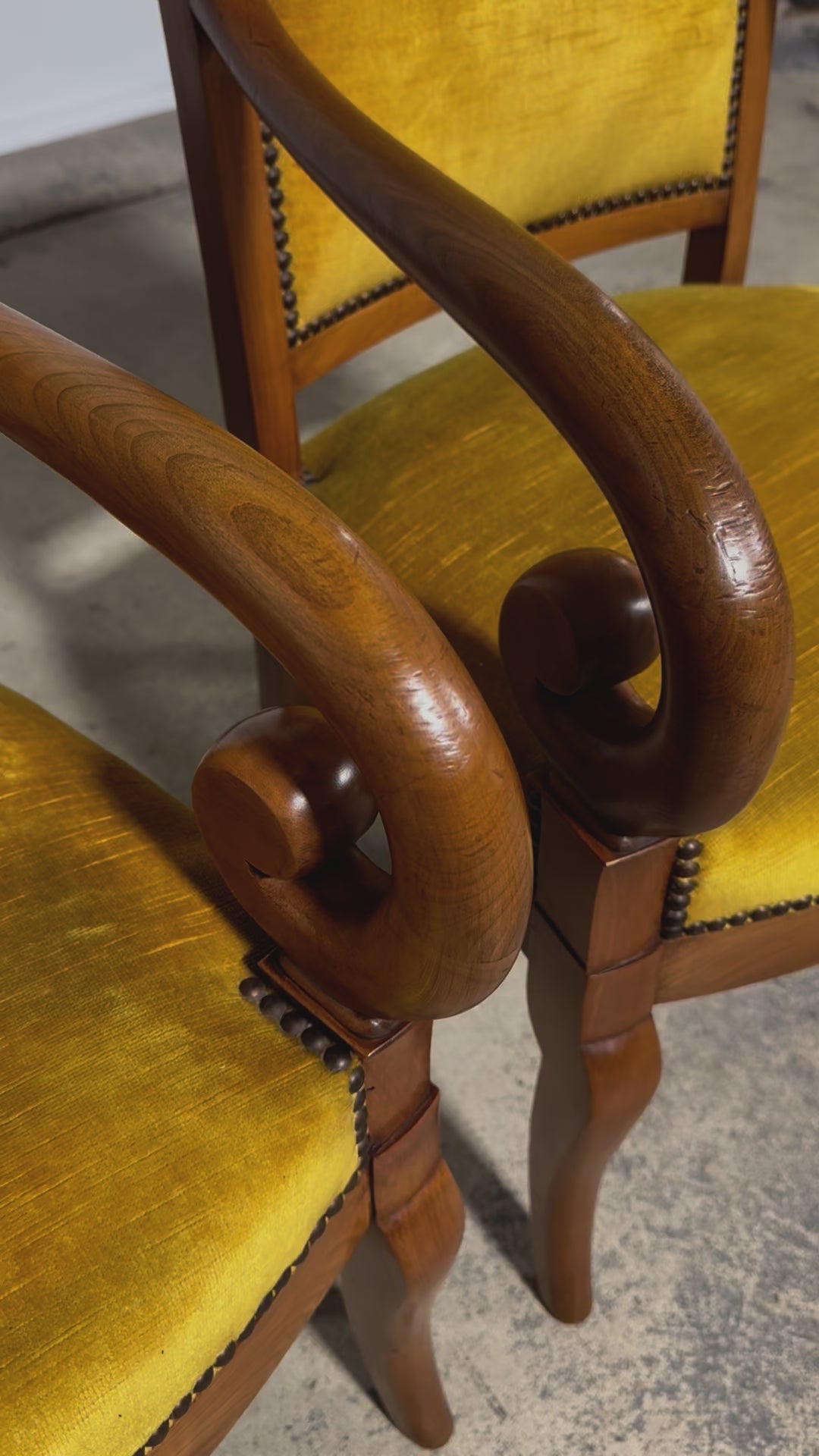 Antique French Louis Philippe Style Walnut Armchairs W/ Golden Yellow Velvet - A Pair