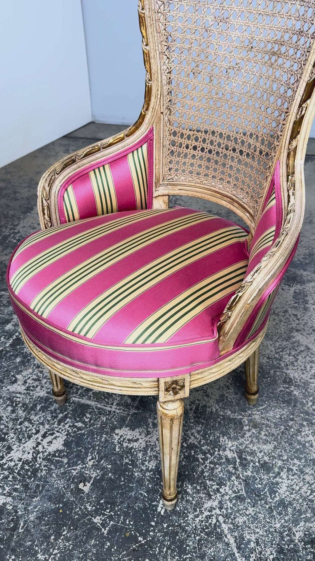 Set of 6 Early 20th Century French Louis XVI Cane Dining Armchairs in Pink Stripe