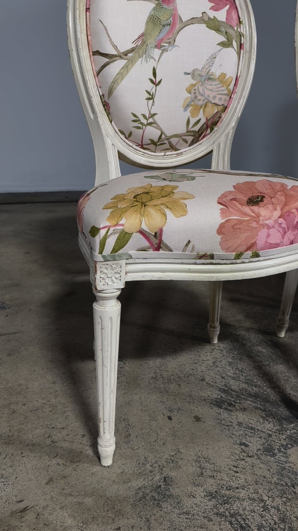 Antique French Louis XVI Style Painted Side Chairs in Pink Chinoiseries Fabric - A Pair
