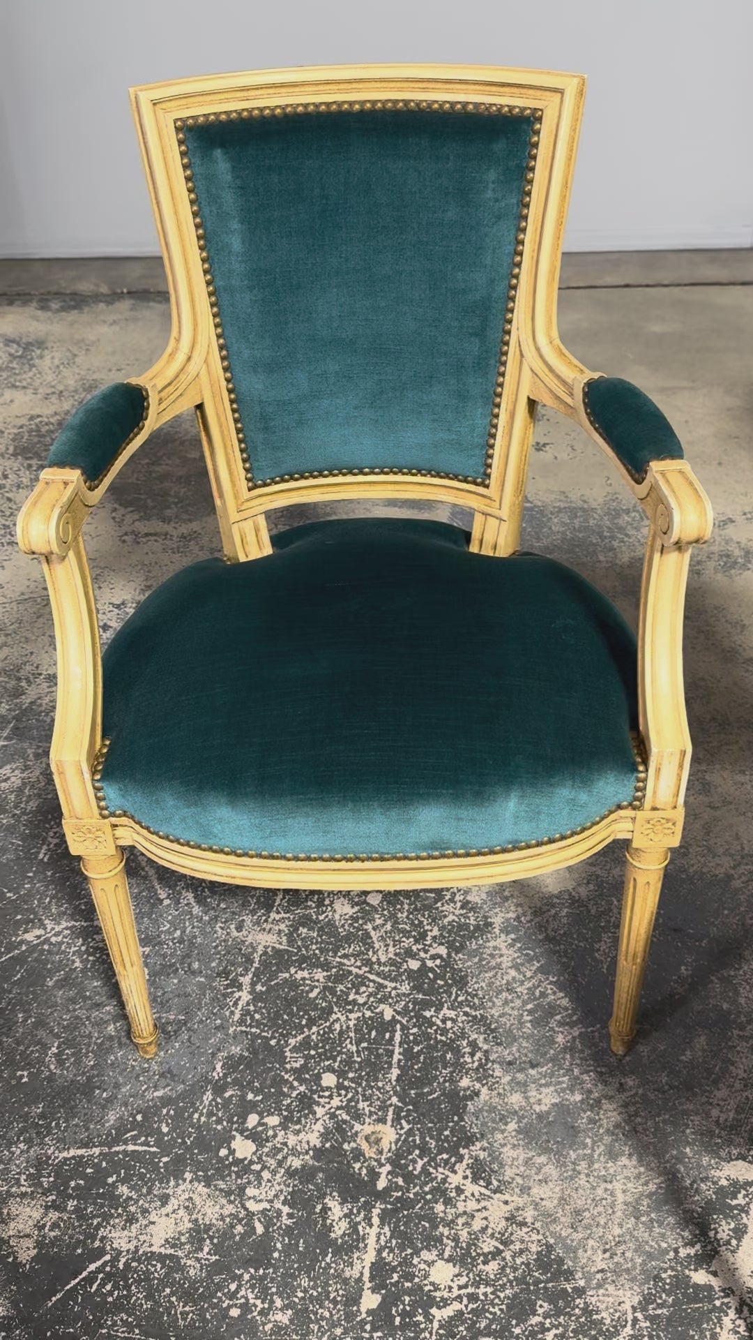 Antique French Louis XVI Style Painted Dining Chairs in Blue Velvet - Set of 6