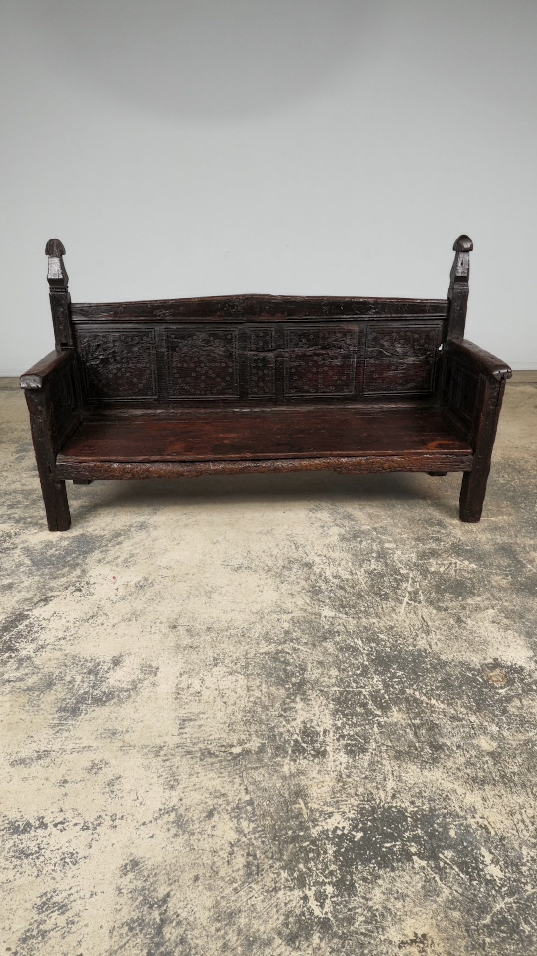 18th Century Spanish Rustic Oak Bench with Carved Panels and Dark Patina
