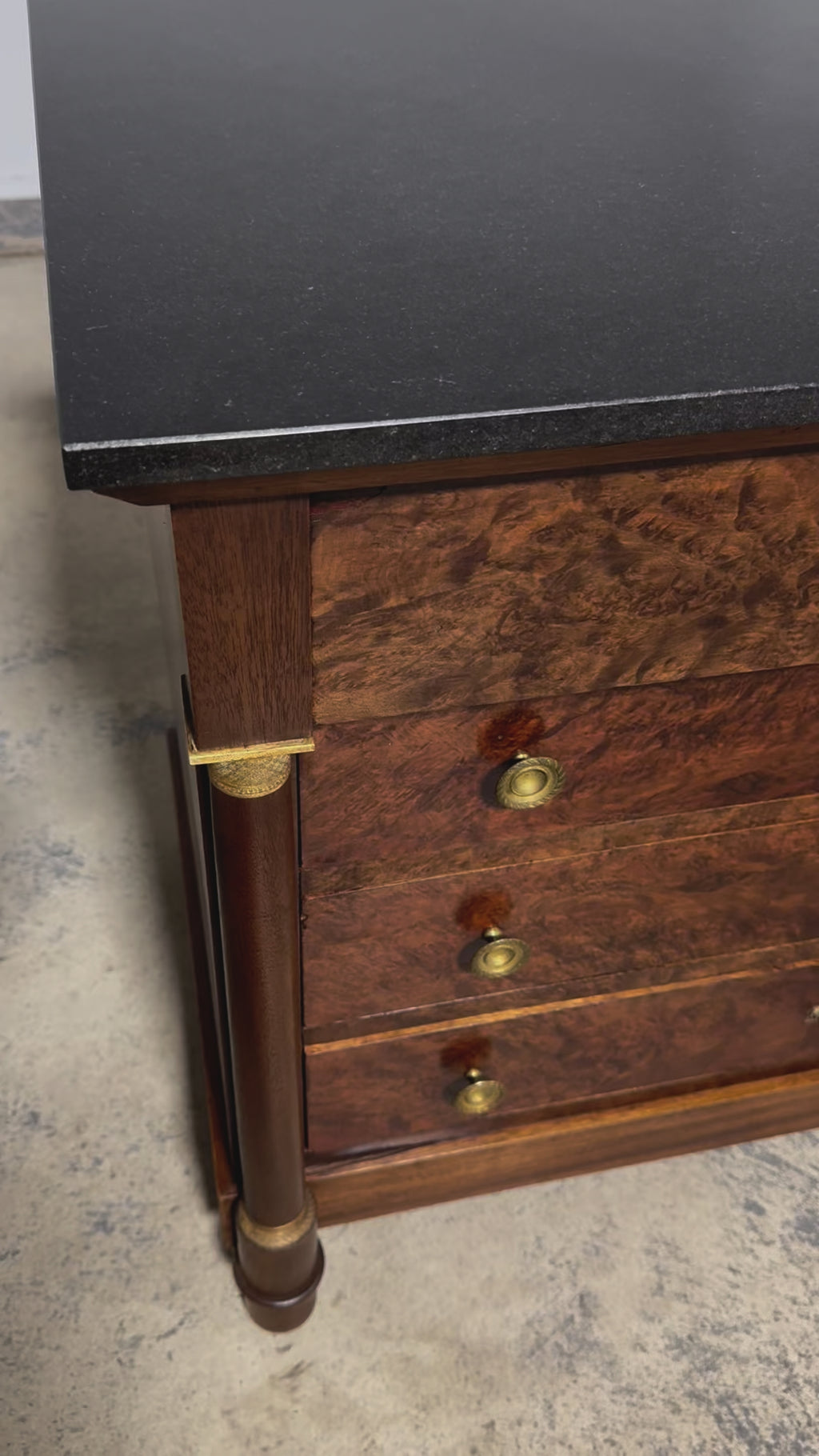 Antique French Empire Walnut Chest of Drawers W/ Black Marble Top