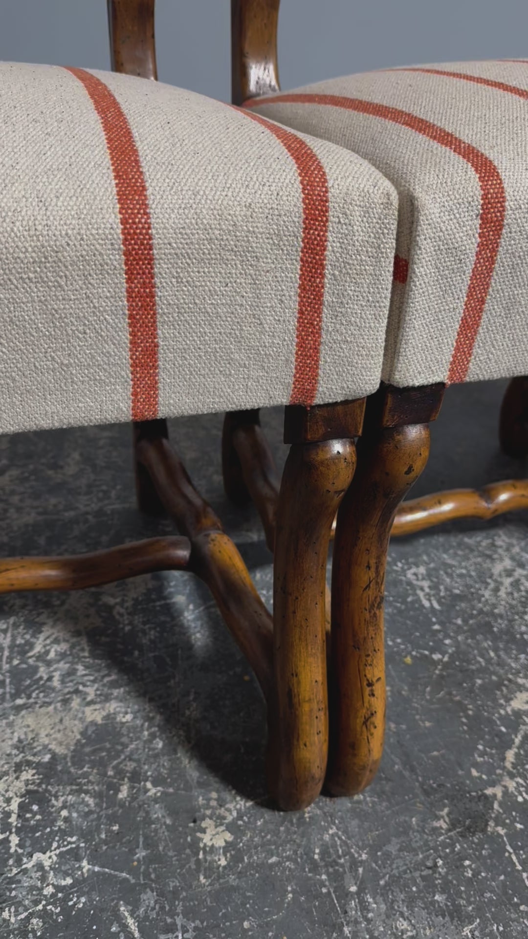 Antique French Louis XIII Style Os De Mouton Oak Dining Chairs in Coral Stripe - Set of 10