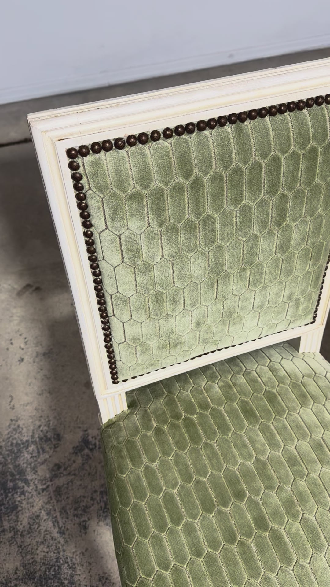 Antique French Louis XVI Style Painted Side Chairs W/ Green Geometric Velvet  – A Pair