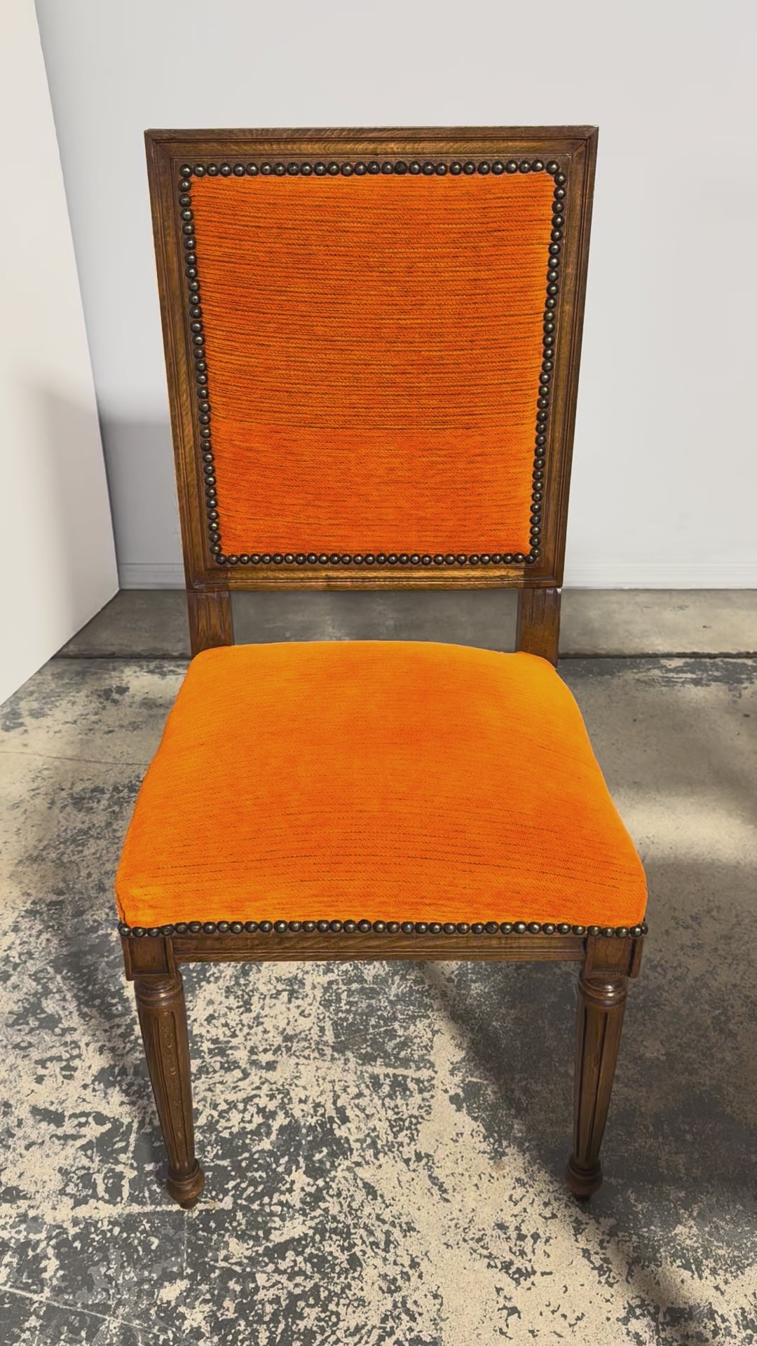 French Louis XVI Style Maple Dining Chairs in Orange Chenille - Set of 8