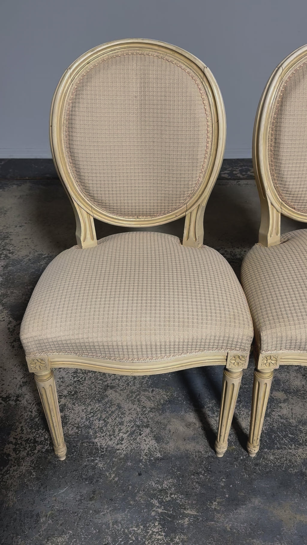 Antique French Louis XVI Style Painted Dining Chairs W/ Cream Fabric - Set of 6