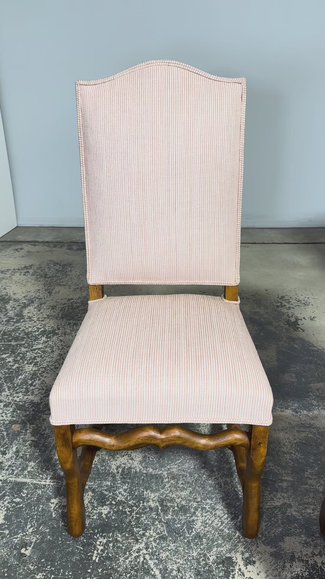Antique French Louis XIII Style Os De Mouton Oak Dining Chairs in Blush Pink Stripe- Set of 6