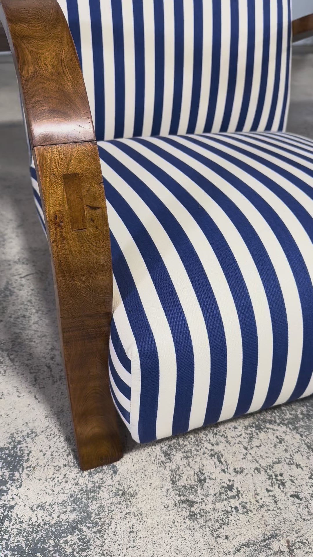 1930s French Art Deco Walnut Bridge Arm Lounge Chairs in Blue Stripe - A Pair