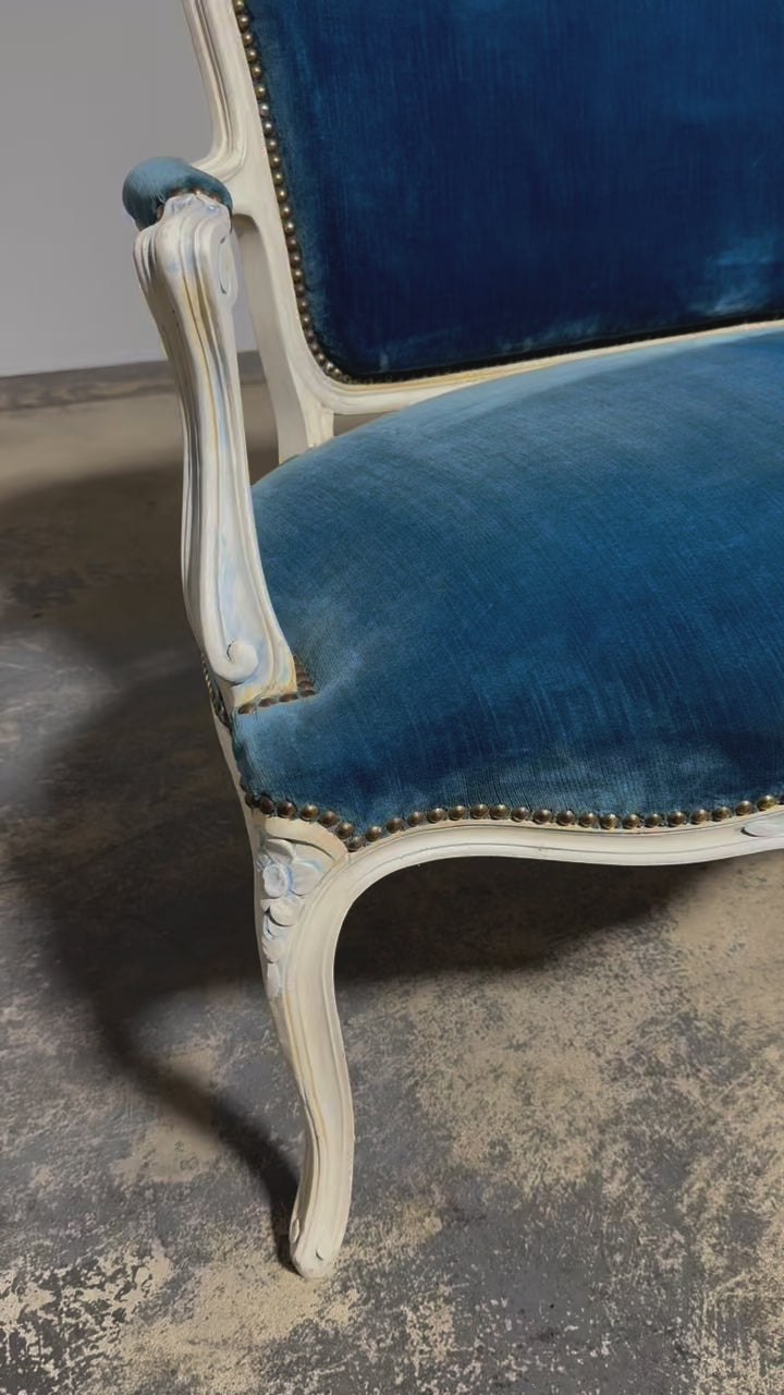 French Louis XV Style Painted Settee in Blue Velvet