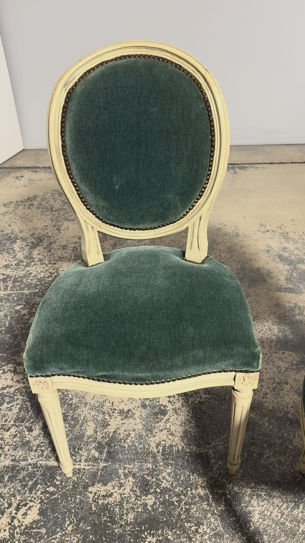 Antique French Louis XVI Style Painted Dining Chairs in Teal Mohair - Set of 8