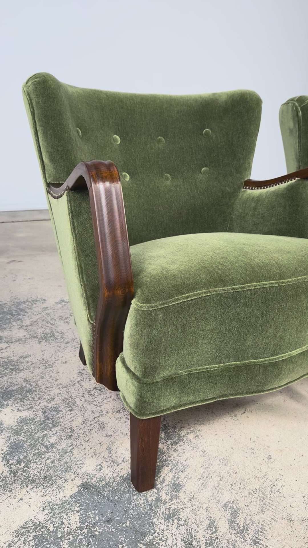 1940s Danish Art Deco Walnut Lounge Chairs by Alfred Christensen in Olive Green Mohair, Pair