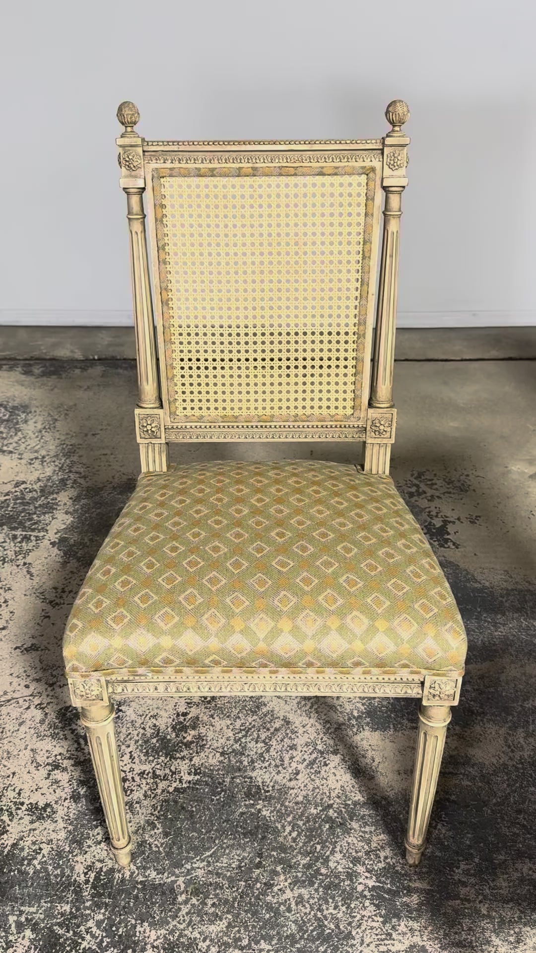 Set of Six Late 19th Century French Louis XVI Style Painted Cane Back Dining Chairs