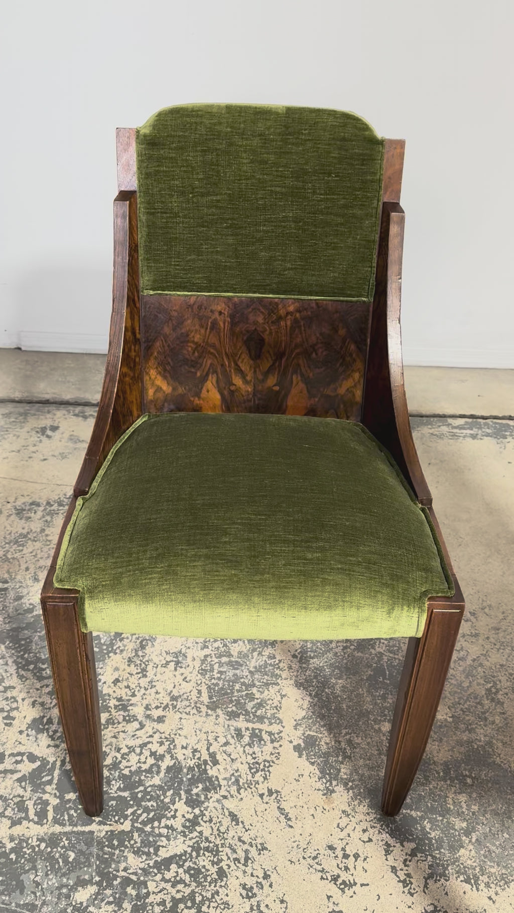 ON HOLD 1920s French Art Deco Walnut Gondola Dining Chairs in Olive Green - Set of 8