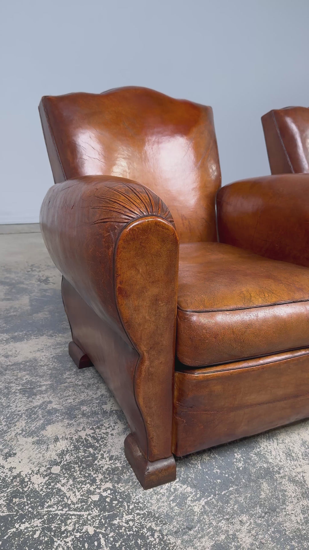 1920s French Art Deco Scalloped Back Cognac Leather Club Chairs – A Pair