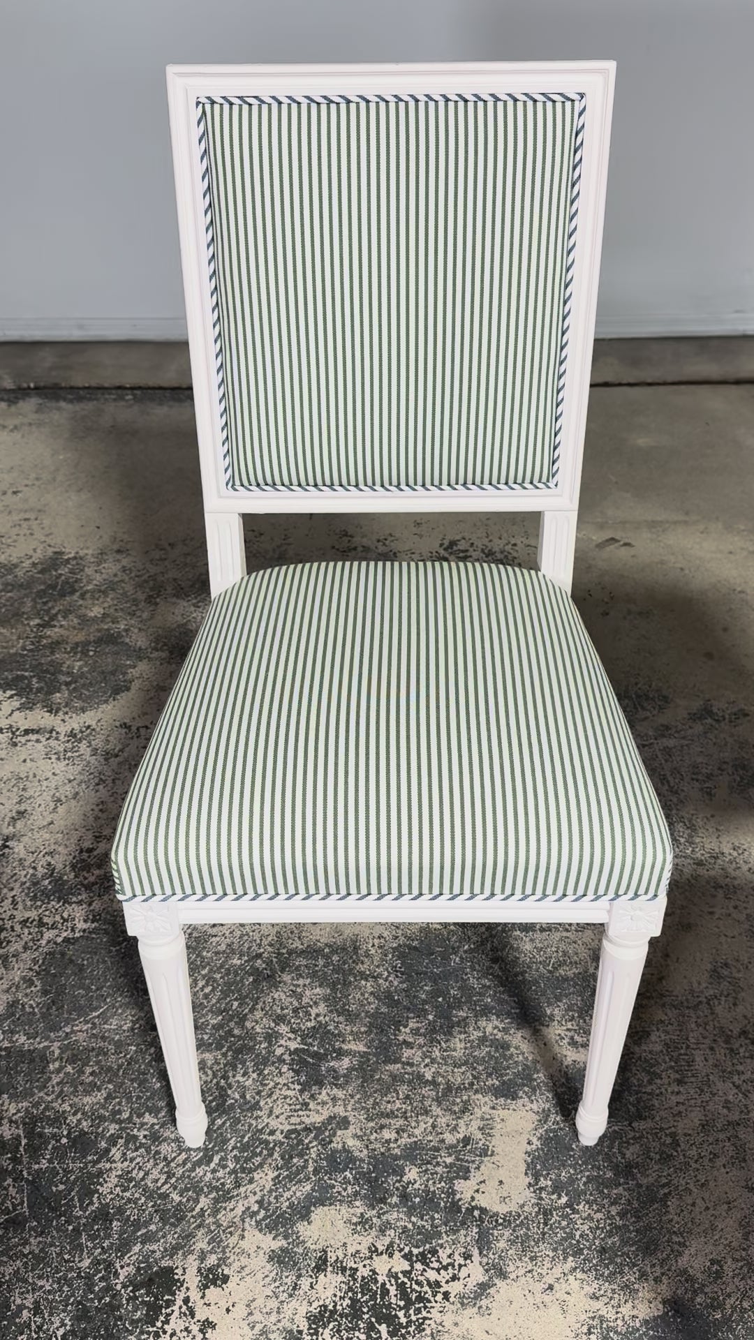 French Louis XVI Style Painted Dining Chairs in Blue & Green Stripe, Set of 6