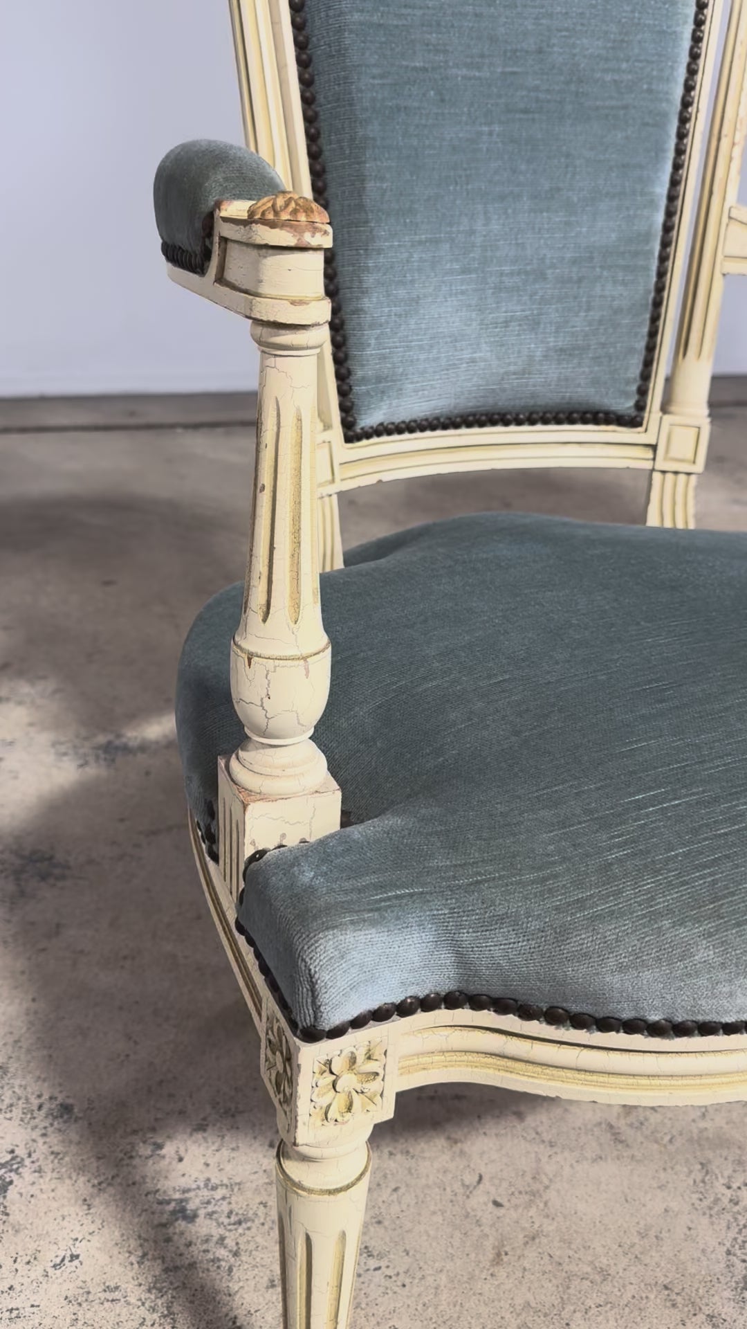 A Pair of Antique French Louis XVI Style Painted Armchairs In Blue Velvet
