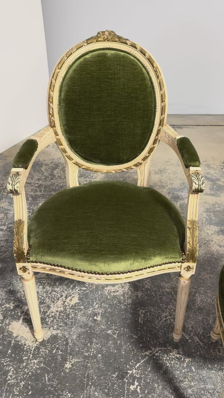 Antique French Louis XVI Style Dining Chairs in Olive Green Velvet - Set of 8