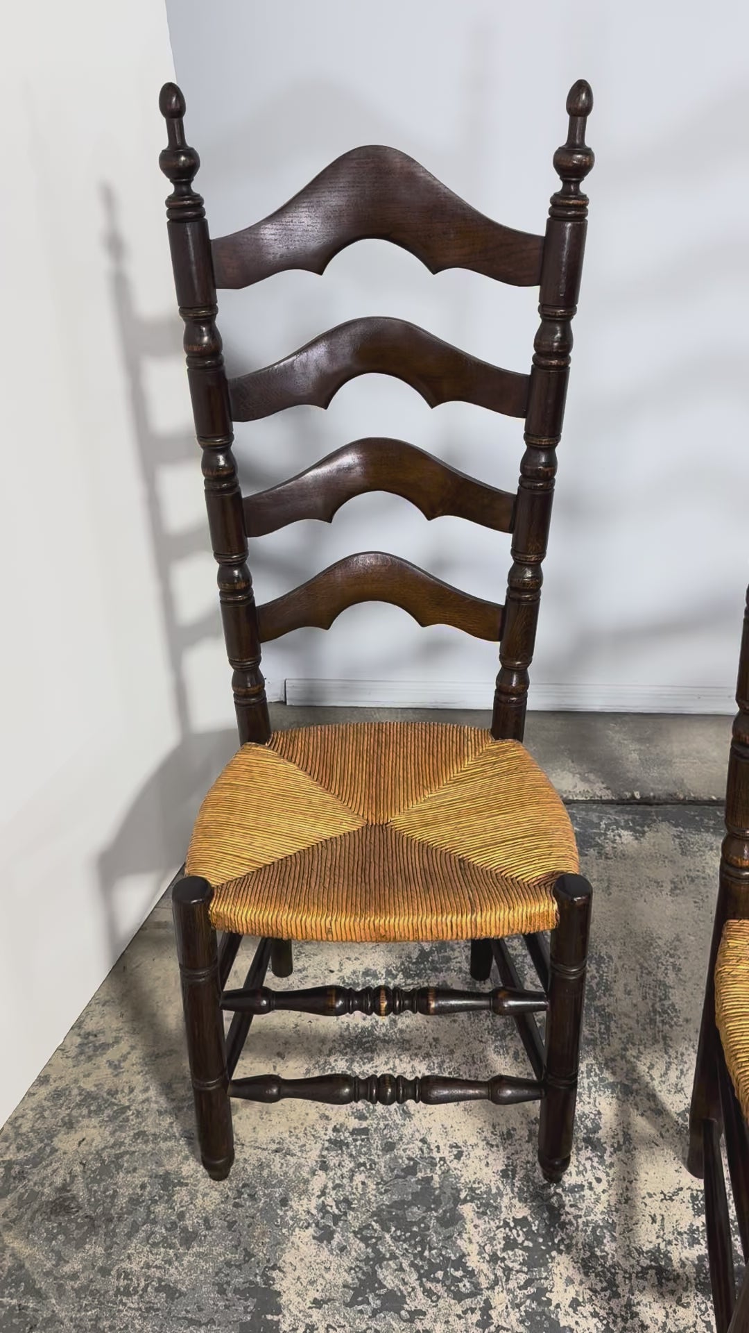 Antique Spanish Country Oak Ladder Back Rush Seat Dining Chairs – Set of 10