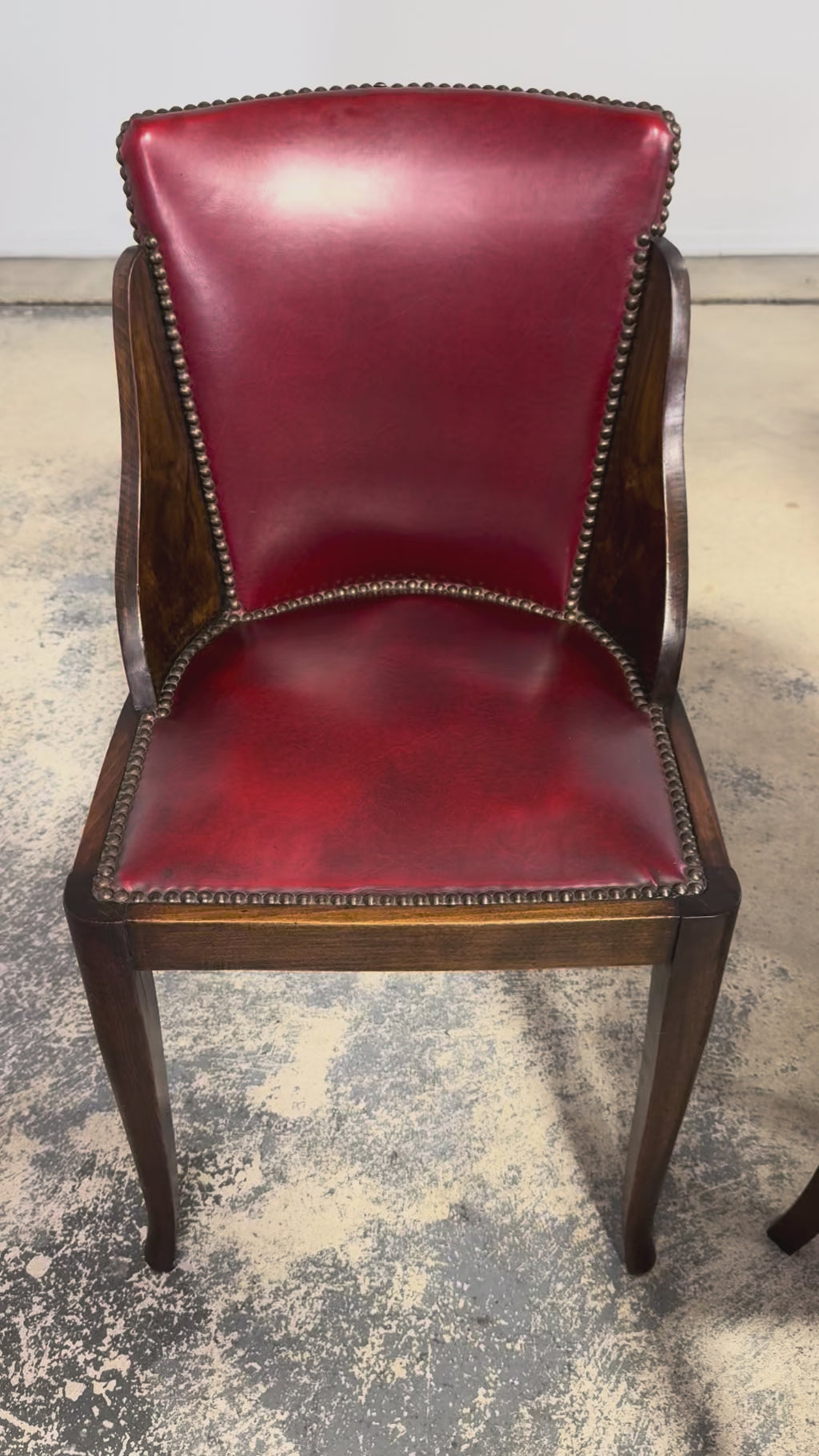 1930s French Art Deco Maple Gondola Dining Chairs W/ Red Faux Leather - Set of 6