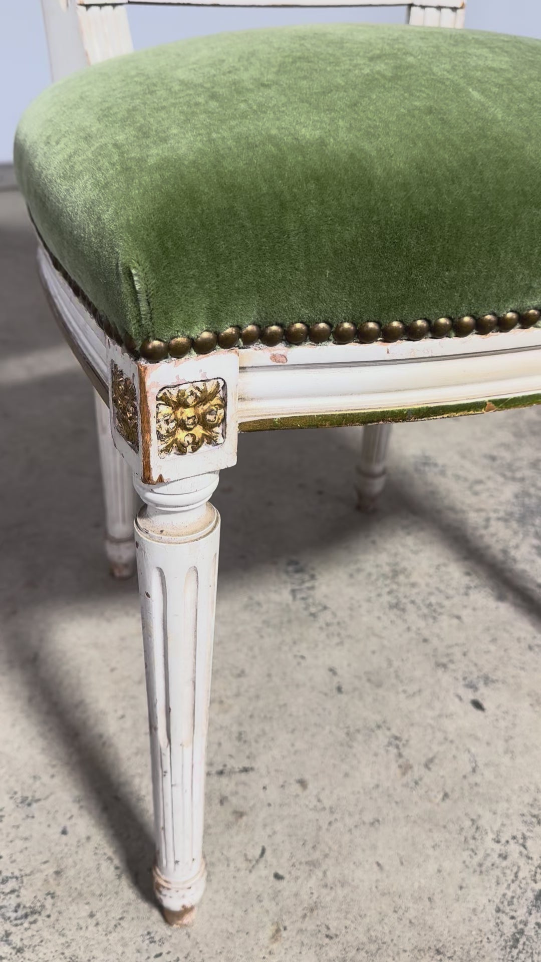 Antique French Louis XVI Style Painted Accent Chair in Moss Green Mohair