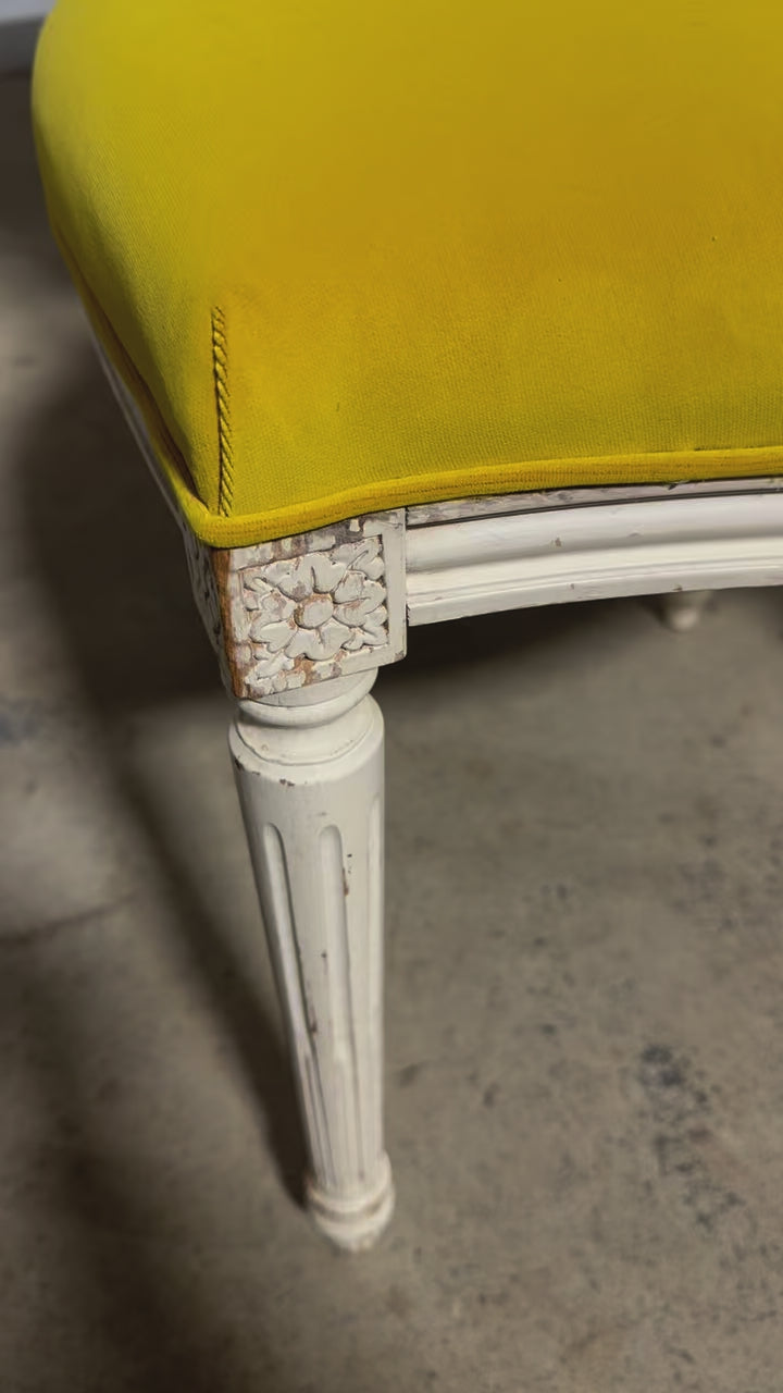 French Louis XVI Style Painted Side Chairs in Lemon Velvet - A Pair