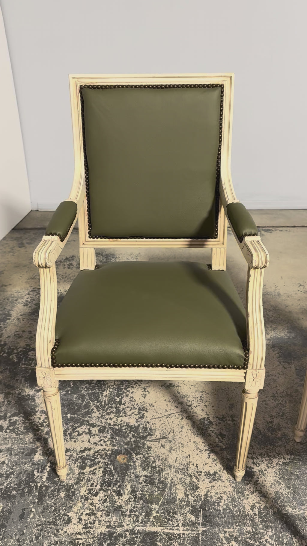 Antique French Louis XVI Style Painted Dining Chairs in Olive Green Leather - Set of 8