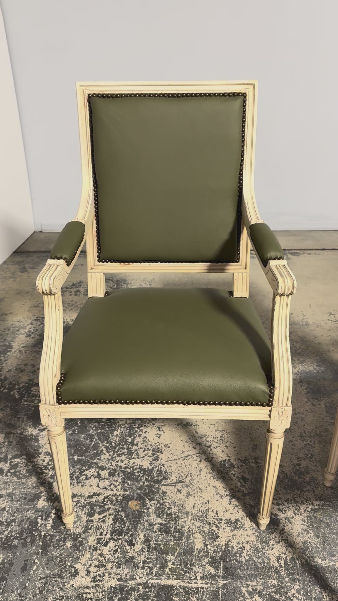 Antique French Louis XVI Style Painted Dining Chairs in Olive Green Leather - Set of 8