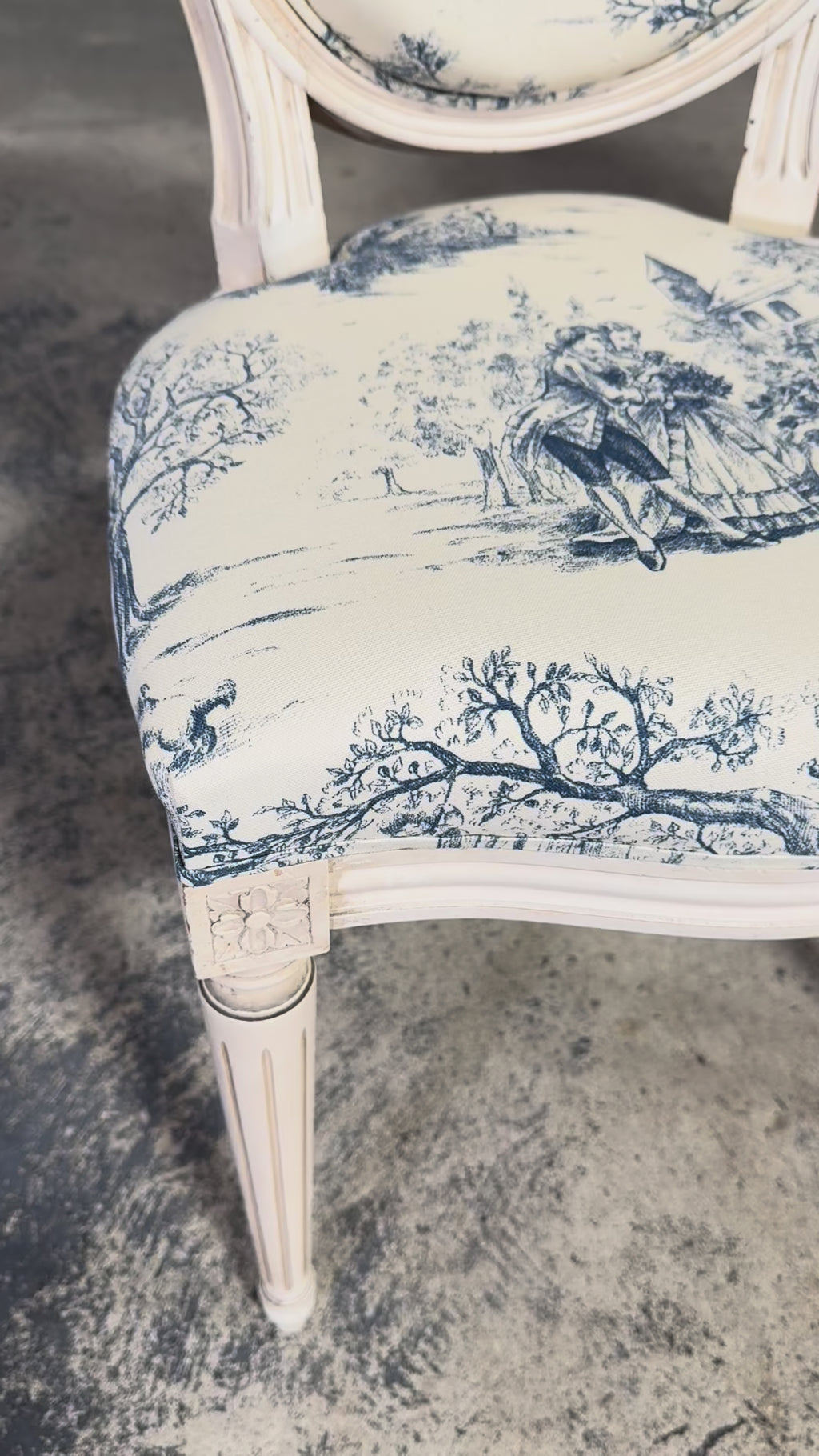Antique French Louis XVI Style Painted Accent Side Chairs in Blue Toile – A Pair