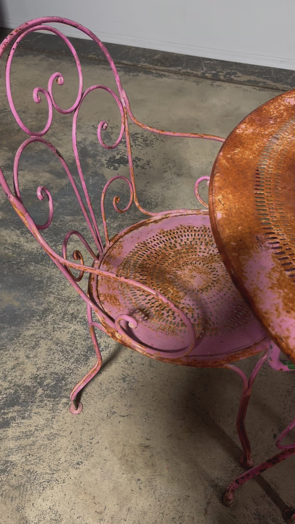 Antique French Art Nouveau Pink Wrought Iron Painted Garden Set