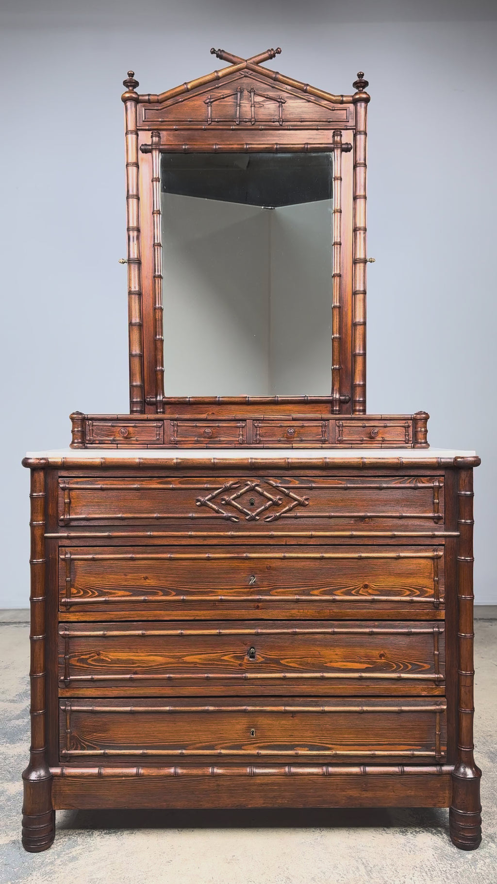 19th Century French Napoleon III Bamboo Dresser with Carrara Marble and Mirror