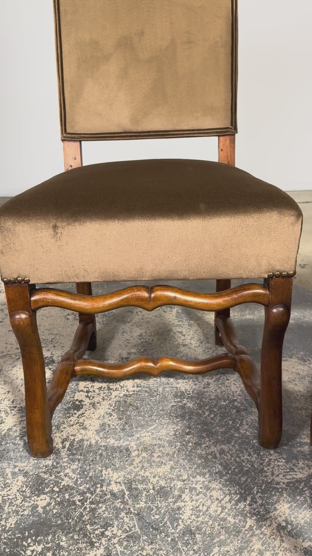 Antique French Louis XIII Style Os De Mouton Maple Dining Chairs in Brown Velvet - Set of 8